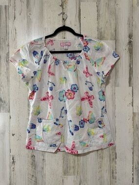 Koi by Kathy Peterson Scrubs Women’s White Butterfly-Print Short Sleeve Jacket